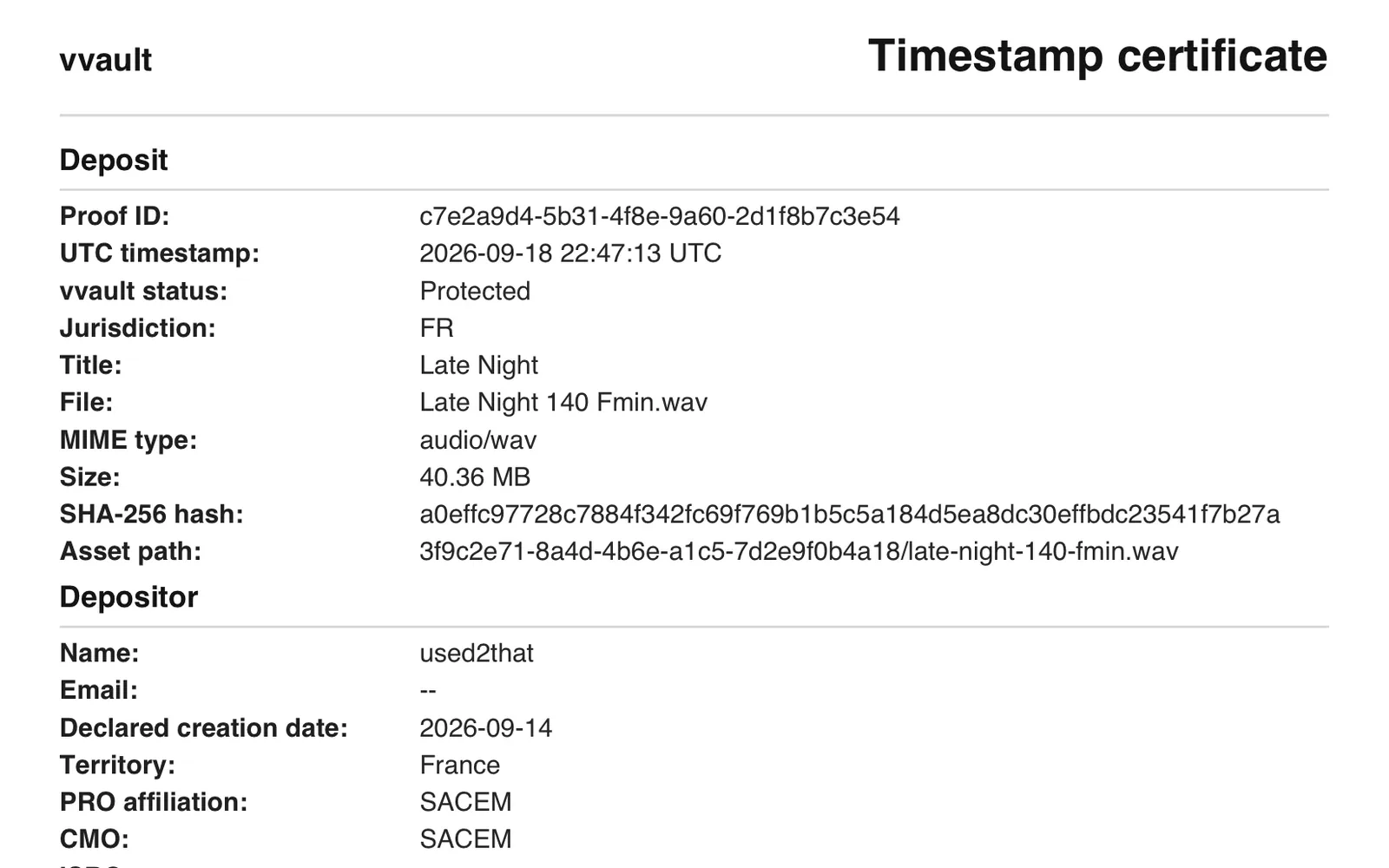 A vvault timestamp certificate: proof ID, UTC timestamp, the file's name, type and size, its SHA-256 hash, then the depositor's name and declared creation date.