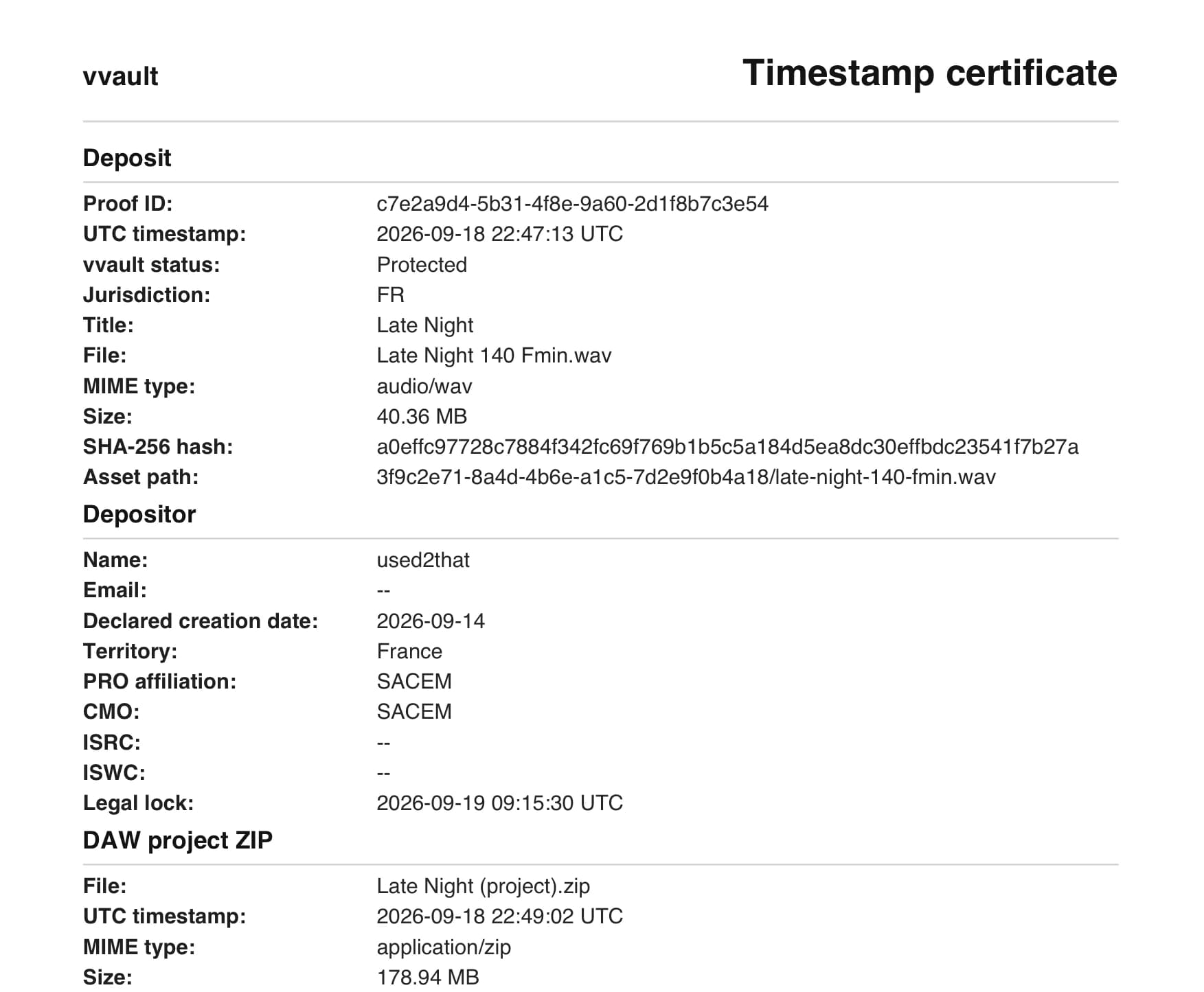 A vvault timestamp certificate: proof ID, UTC time, the file's SHA-256 fingerprint, the depositor and the declared creation date