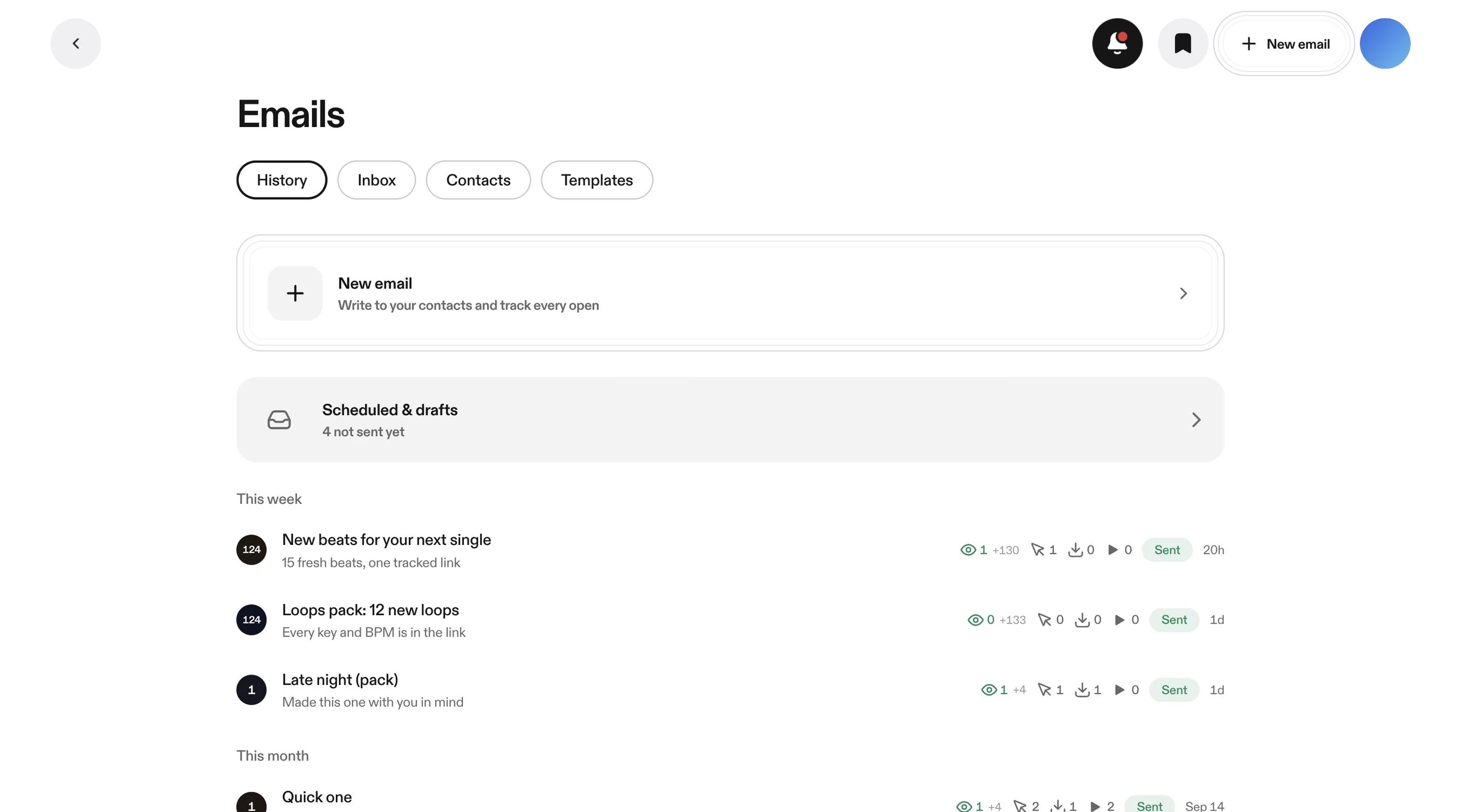 vvault's emails page: every email sent this week with its opens, plays and downloads