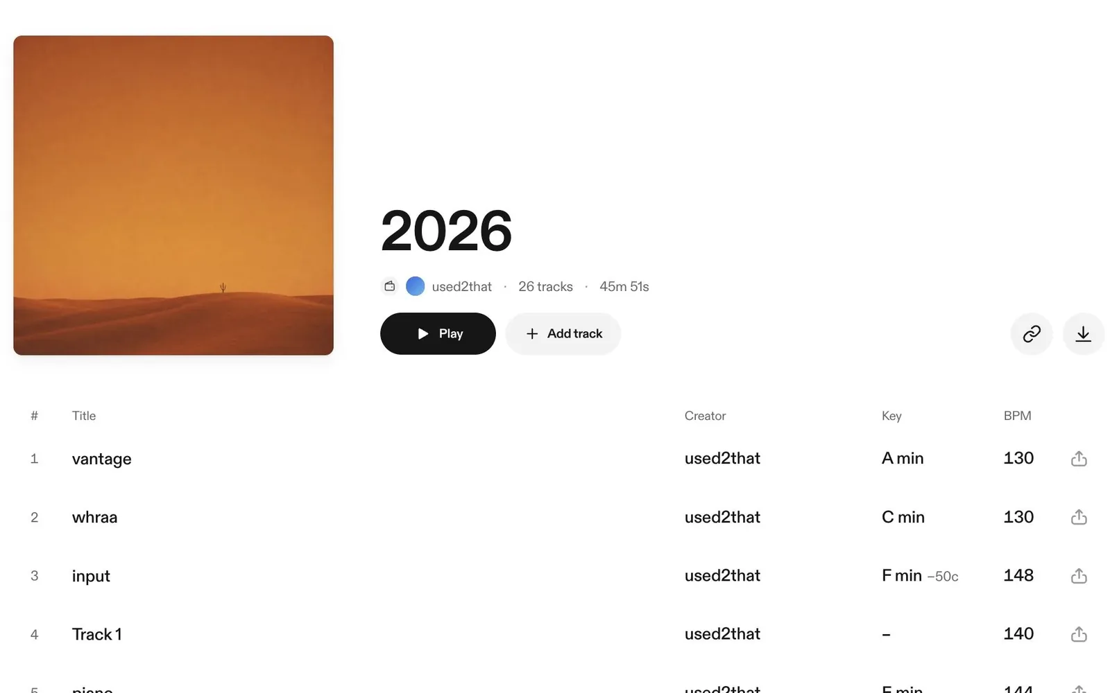A vvault pack called 2026: its cover, a play button, and the list of beats with key and BPM