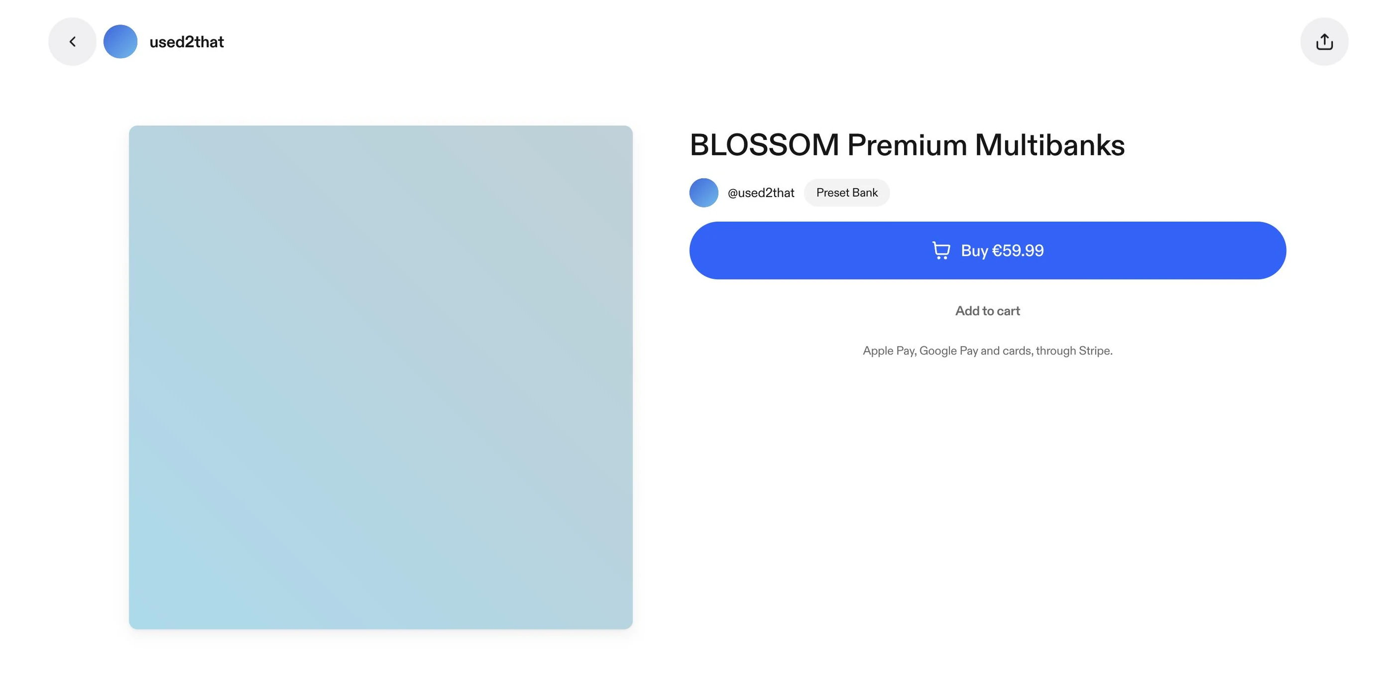 A sound kit for sale on vvault: its cover, the producer, a Buy button at €59.99, paid by card, Apple Pay or Google Pay through Stripe