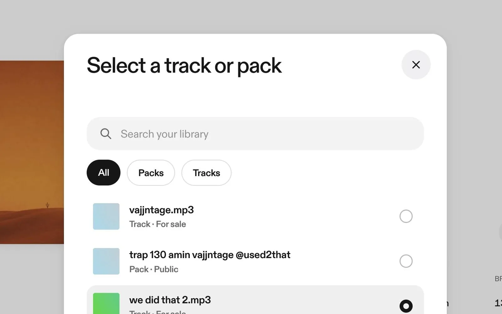 vvault's share dialog, first step: a list of your tracks and packs, each labelled with its current level, to pick the one you share.