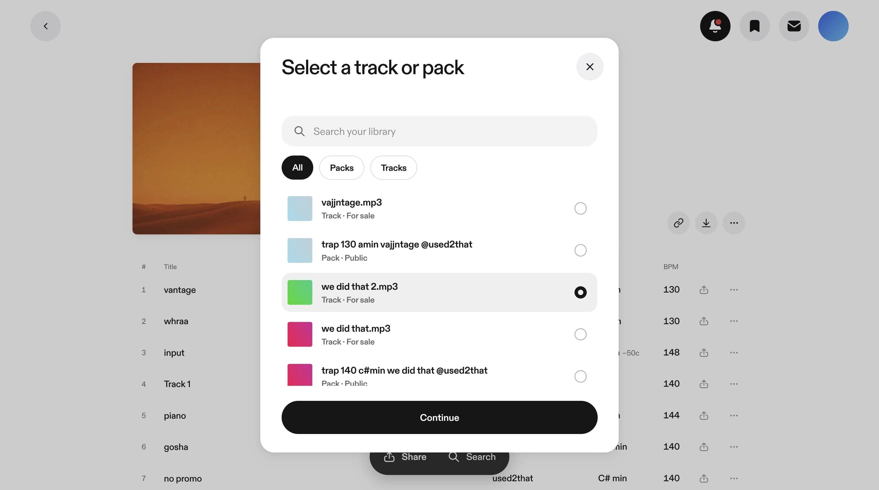 Choosing a track or pack to share in vvault