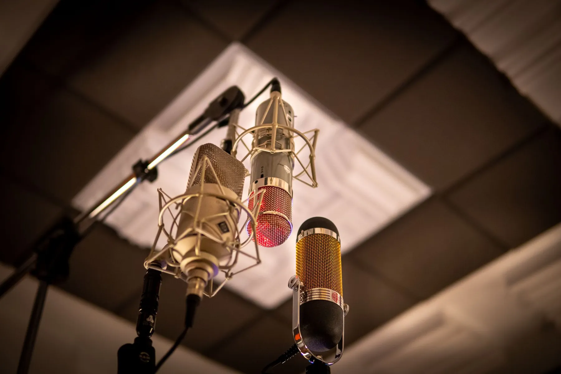 Three vintage-style microphones under a warm studio ceiling light.